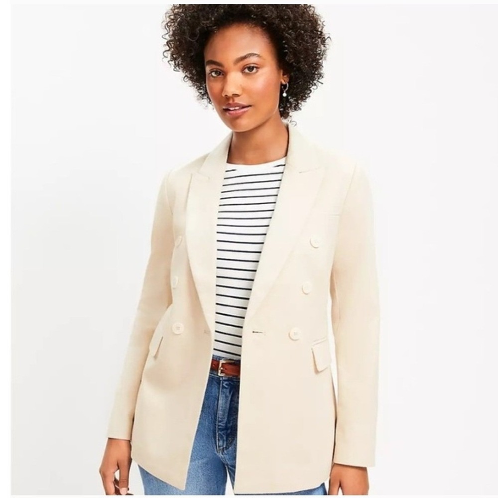 LOFT Women's Double Breasted Blazer Size 8 Cream Cotton Tailored